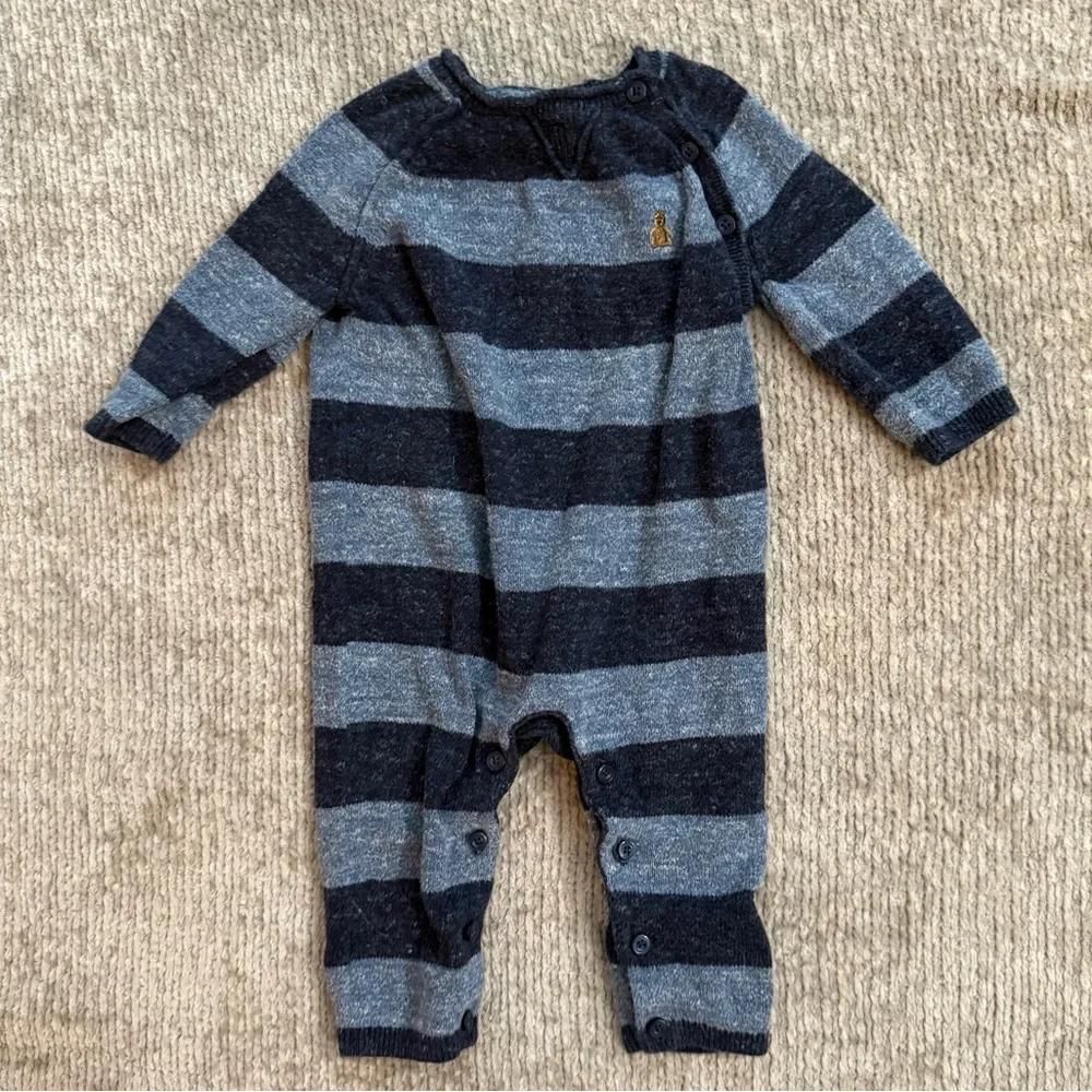Baby Gap Knit Striped Romper 3-6M Navy Blue Gray Blue Teddy Bear One-Piece Rugby